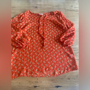 Pleione Tie Neck Floral Long Sleeve Tunic Top Red Orange Women’s‎ M Preloved